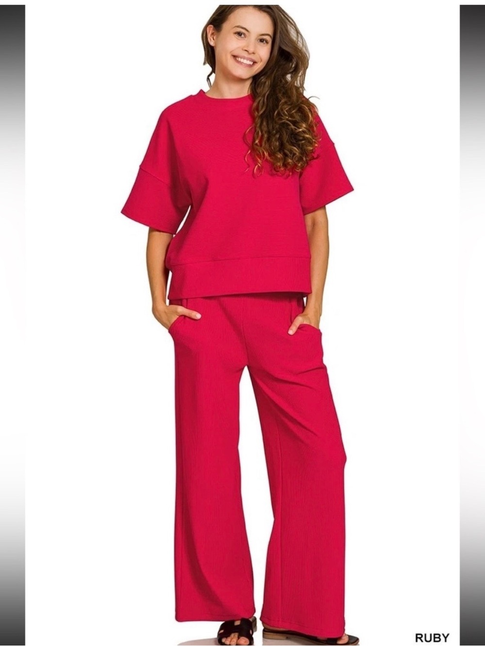 Zenana Outfitters Red Ribbed Lounge Pant and Top Set - M